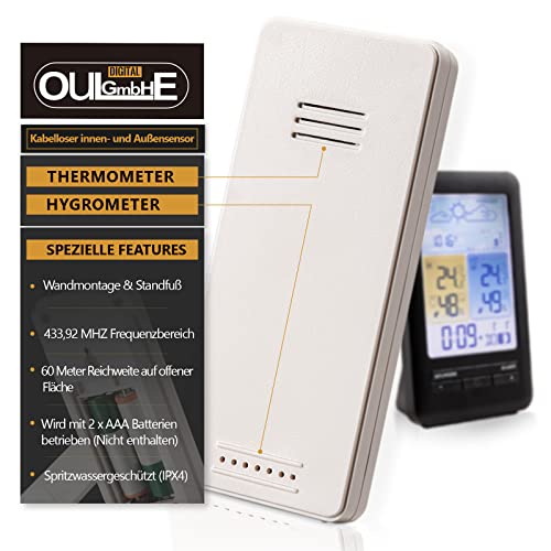 Foto von Oule GmbH Wetterstation Funk mit Außensensor, Digital Thermometer Hygrometer Innen und Außen Raumthermometer Hydrometer Feuchtigkeit mit Wettervorhersage, Uhrzeitanzeige, Wecker und Nachtlicht