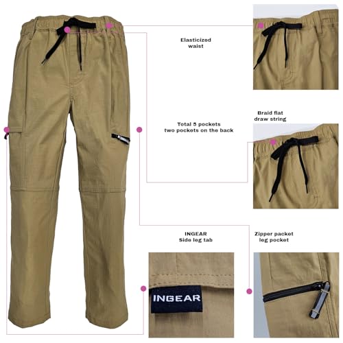 INGEAR Boys Cargo Jogger Pants, Elastic Waist, Zipper Pockets, Casual School Trousers (US, Alpha, Medium, Tan Shorts)