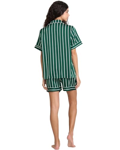 Image of YiNi LuLu Womens Silk Satin Shorts Pajamas Set Button Down 2 Piece Pjs Short Sleeve Oversized Sleepwear with Pockets