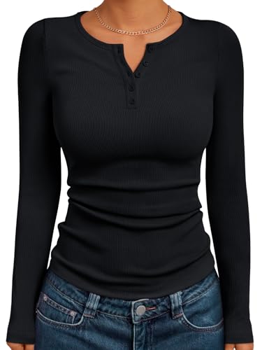 Trendy Queen Womens Long Sleeve T Shirts 2025 Henley Casual Fall Outfits Fitted Dressy Tops Ribbed Fashion Basic Tees Winter Clothes Black M