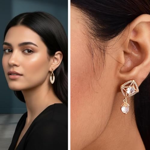 Image of Nilu's Collection Rose Gold Plated American Diamond Drop Earrings for Women And Girls | Anti-Tarnish | Anti-Allergy | Office Wear | Gift For Her