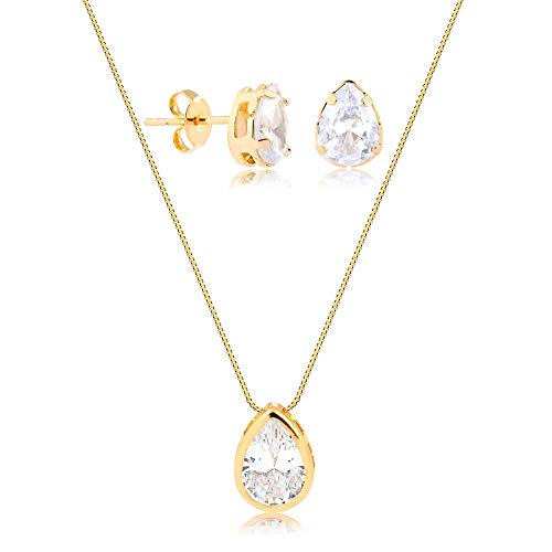 Conjunto de colar e brincos c/gota de zircônia folheado em ouro