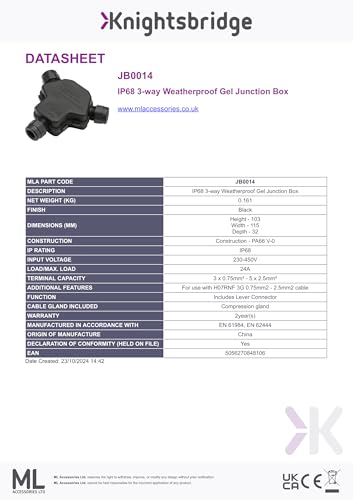 Knightsbridge IP68 3-way Weatherproof Gel Junction Box, Black - Image 3