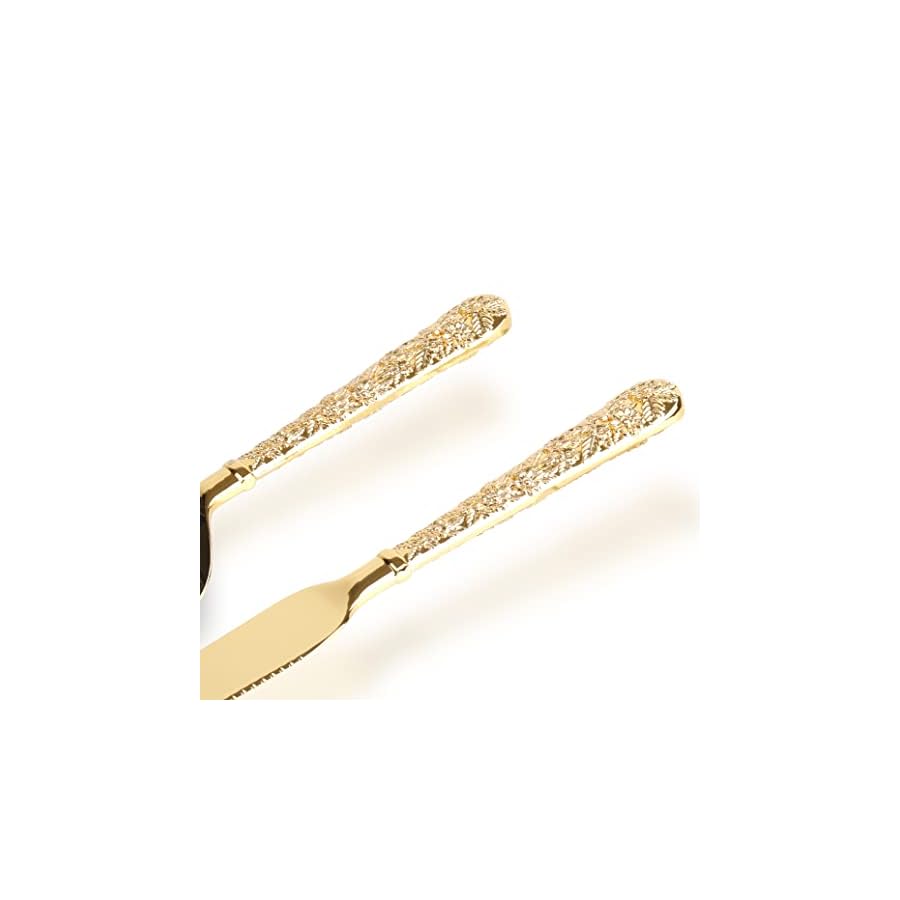 Dicunoy 2 PCS Gold Cake Knife and Server Set, Wedding Cake Cutting Utensils, Vintage Engraved Cake Cutter and Serving Spatula for Birthday, Party, Anniversary