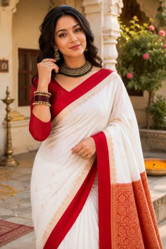 Image of Women's Glory Banarasi Satin Silk Saree Plain Silver Zari | Unstiched Blouse Piece Included.