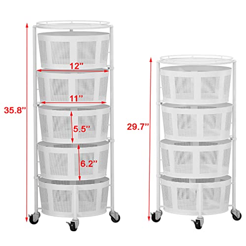 Ikesomue Rack-Rotating Vegetable Rack Floor-Standing Rotating Basket Storage Shelf Stand Round Multi-Layer Kitchen Trolley 5 Tier Organizer With Wheels For Bathroom Living Room Bedroom (White) H1001 #TOP6