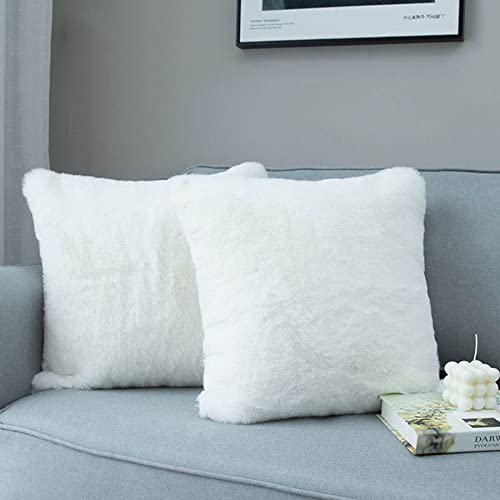 LIGICKY Set of 2 Fluffy White Fur Pillow Covers Mongolian Soft Faux Fur Shams Throw Pillow Cases Fuzzy Shaggy Plush Sqare Cushion Covers(18 x 18 Inches)