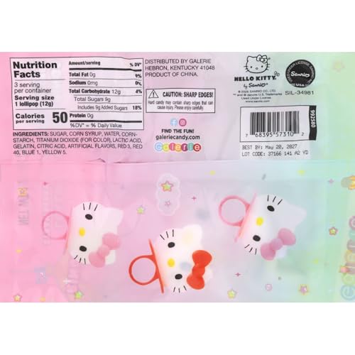 Galerie Hello Kitty Lollipop Rings, Strawberry and Fruit Punch Flavored Suckers, Themed Party Favors, 3 Count Bag, 1.27 Ounces (1 Pack) - image 2