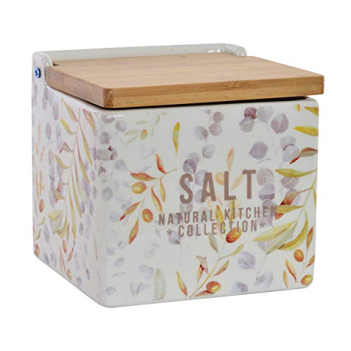 Hogar y Mas Salero Cocina con Tapa, Madera Bambú y Ceramica Dolomite 11x11x11 cm