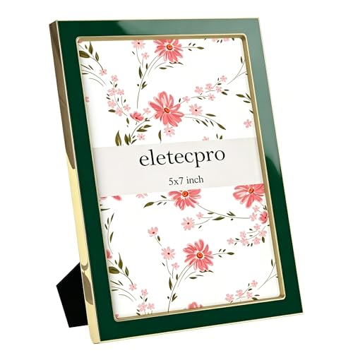 Image of eletecpro 5x7 Enamel Picture Frame with Real Glass Cover, Cute Photo Frame with Gold Metal Edge, Horizontal and Vertical Display Pictures 5 by 7 for Tabletop and Wall Decor, Green, 1 Pack