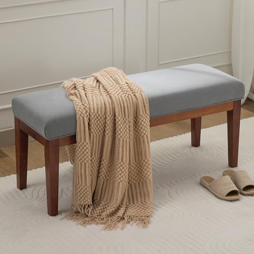 Image of WUTUTUEE 43.5'' Linen Bedroom Bench, Upholstered End of Bed Bench, Padded Vintage Dining Bench, Entryway Bench with Solid Wood Legs, Kitchen, Living Room, Hallway, Light Grey