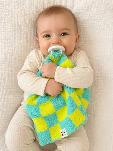 Image of USA Checkered Baby Lovey Security Blanket with Pacifier Holder - DreamSoft Reversible Plush Mini Comfort Blanket for Newborns, Babies & Toddlers (Teal /Green)
