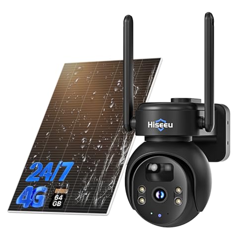 Hiseeu 4G LTE Cellular Security Camera Solar Powered, No WiFi Security Camera Wireless Outdoor, 24/7, PIR Motion, 2 Way Talk, 360° PT, 2K Color Night Vision, 32G SD & SIM Card Included