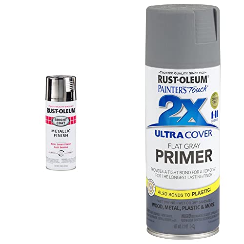 Rust-Oleum 7718830 Stops Rust Bright Coat Metallic Spray Paint, 11 Ounce (Pack of 1), Chrome & 249088 Painter's Touch 2X Ultra Cover, 12 Fl Oz (Pack of 1), Flat Gray Primer, 12 Ounce