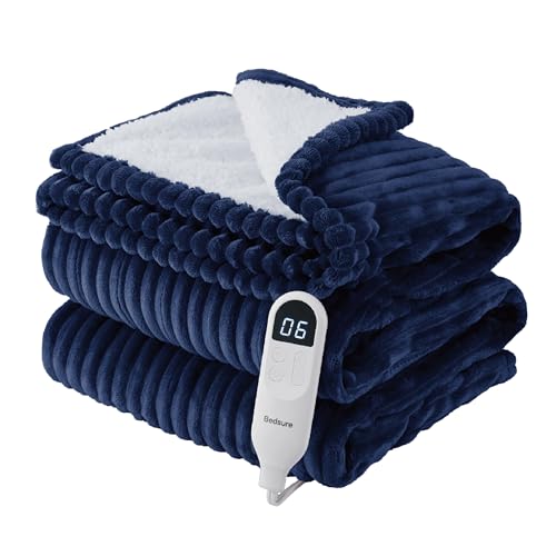 Image of Bedsure GentleSoft Electric Blanket Full Size - Soft Ribbed Flannel Heated Blanket Full, Fast Heating with 6 Time Settings (Up to 10H), 6 Heat Settings, Warm Gifts for Grandma (72x84 inches, Navy)