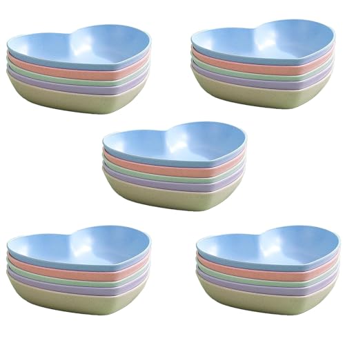 20 Pack 2.54 Inch Heart Shape Mini Dipping Sauces Bowls, Unbreakable Wheat Straw Small Snack Dessert Dishes, Salad Plates for Sushi Side Dish Fruit Appetizer Cake, Four Colors
