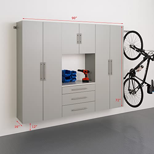 Image of Prepac HangUps 90 inch Wide 4-piece Wall Mounted Garage Cabinets, Wood Wall Storage Cabinets with 7 Adjustable Shelves, 2 Fixed Shelves and 3 Drawers, Garage Organizers with Metal Hanging Rail, Light Gray
