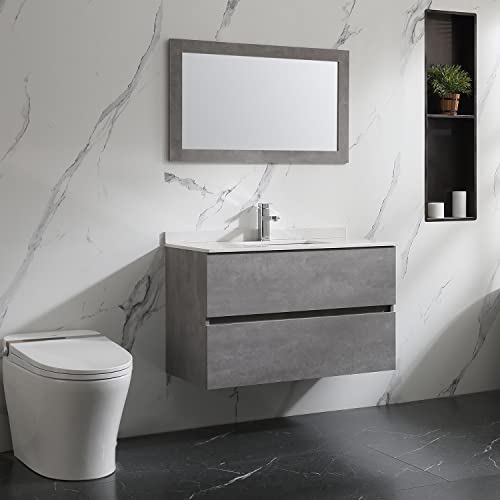 Walsport 36" Bathroom Vanity Wall Mounted Floating Vanity Two Drawers Grey Storage Cabinet With Ceramic Vessel Sink Chrome Faucet Combo Water Barrier And Mirror #TOP6