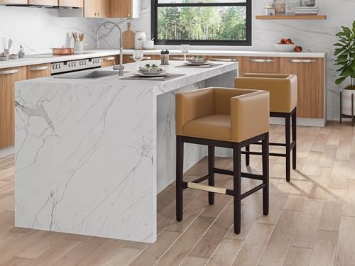 Butaco Manhattan Comfort Kingsley de cuero sintético, diseño moderno de mediados de siglo, madera de haya nogal con reposapiés de metal dorado, completamente ensamblado, altura del asiento 30 pulgadas, juego de 3, color camel miniatura 2