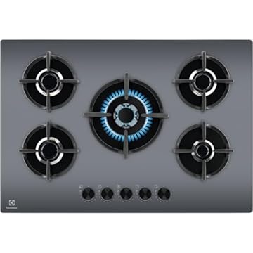 Electrolux Piano Cottura a Gas 5 Fuochi, EGG75372M, Serie 600, 75 cm da Incasso, Bruciatore Rapido, Bruciatore Wok, 740x510 mm, Supporto Piano Cottura Ghisa