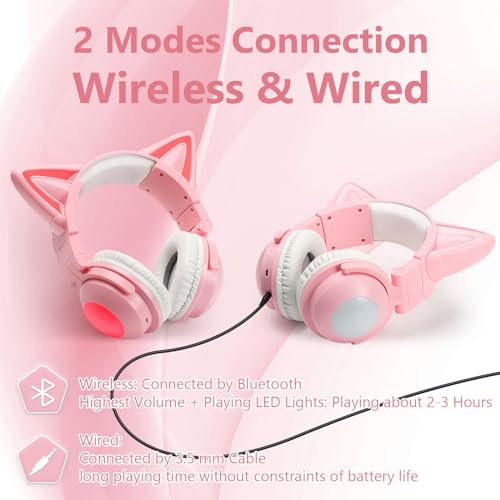 Image of Cat Ear Bluetooth Headphones, Over Ear Wired Headphones with LED Lights, Foldable Wireless Headset with Built-in Mic, Compatible with Phone /PC /Tablet /TV (Pink) | Toddler Girl Headphones, Bluetooth Over Ear Headphones with Microphone,Foldable,Phone /PC /Tablet /TV Compatible,Pink