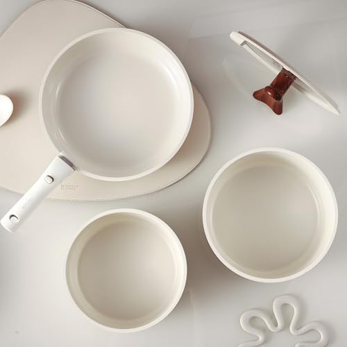 Image of CAROTE Ceramic Pots and Pans Set Non Stick, Nonstick Kitchen Cookware Sets with Lid, Detachable Handle Saute Pan Set, Non Toxic Frying Pan, Oven Safe, Induction Ready, Cream White