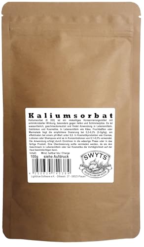 100g Kaliumsorbat (E202) - Konservierungsmittel für Lebensmitteln, Kosmetika, Wein und Getränke - werde zum Profi in deiner Küche mit der Qualität von SWYTS - mind. 12 Monate MHD