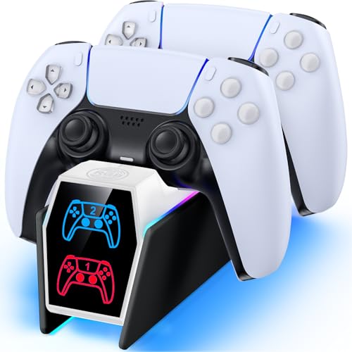 Image of Controller Charger Station Compatible with Play 5 Faceplates Edge & Dual Controller, 9 Lightings P 5 Accessories Charging Station, P 5 Dock Stand with LED Indicator & On-Off Switch, White & Black for PlayStation Consoles