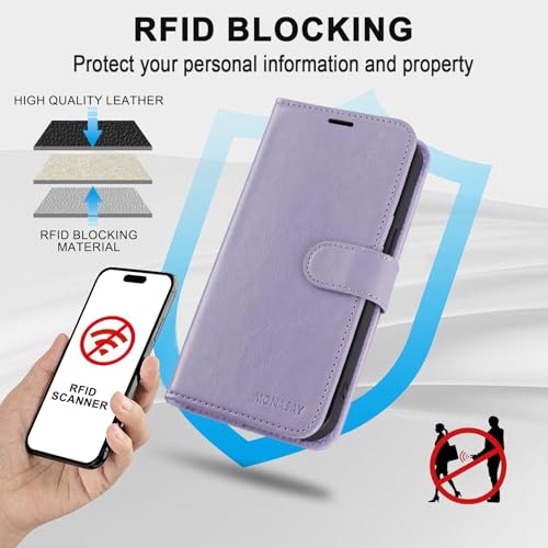 Image of MONASAY Vegan Leather Fit for iPhone 14 Pro Max 5G Wallet Case, 6.7-inch, [Glass Screen Protector Included] [RFID Blocking] Flip Folio Phone Cover with Credit Card Holder,Lavenders