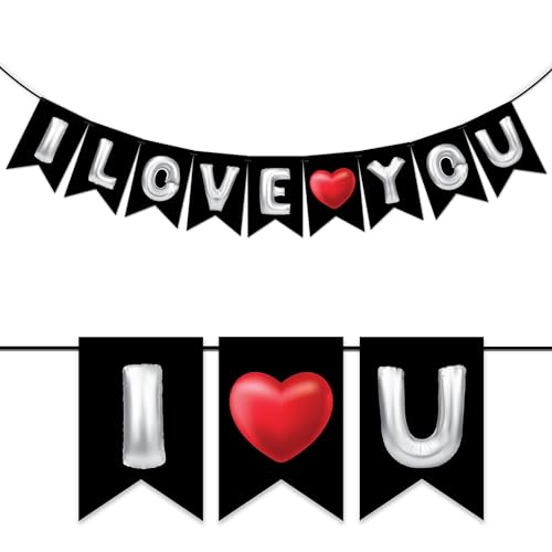 Image of Wobbox Black & White Balloon Text inchI Love You inch Bunting Banner for Anniversary, Pre-Wedding & Wedding, Love Banner for Decoration