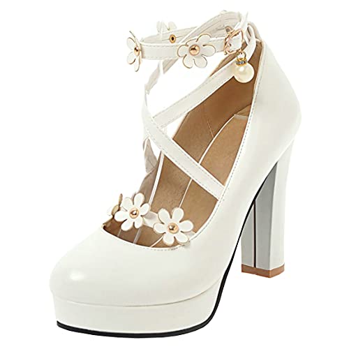 Trendenzy Women's Mary Jane Chunky Platform Pumps High Heel Ankle Cross Strap Shoes