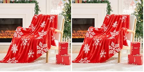 Image of BEDELITE Christmas Throw Blanket- Cozy Holiday Blanket with Red Snowflake Design, Soft Lightweight Fleece Christmas Blanket for Couch & Bed, Festive Home Decor & Gift, 50 inchx60 inch (Pack of 2)