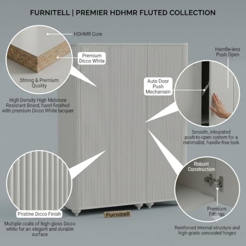 Image of 3 Door Wardrobe Almirah for Bedroom, 72 Inch | Premium HDHMR Wooden Cupboard with Hanging Rod & Storage Compartments | Fluted Push-to-Open Clothes Organizer Cabinet | White Finish