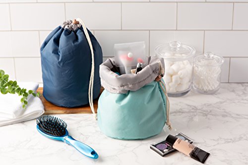 Large Capacity Portable Drawstring Cosmetic Bag for Makeup Storage, Toiletry Organizer, Bathroom Storage, and Carry On Travel - Blue & Gray - Thumbnail 5