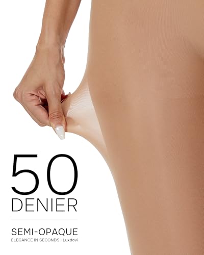 Image of Luxdovi Women Ultra Soft 50 Denier Silky Tights Semi Opaque Solid Color Pantyhose High Waist Footed Stockings