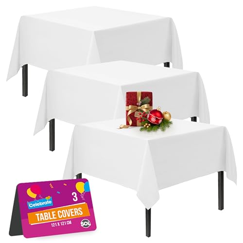 SOL 3pk White Table Cloth Party 121x121cm Plastic Cover Tablecloth Disposable for Parties - Heavy Duty Spill Protection - Opaque Design for Weddings, Buffets, Catering, Gender Reveals & Events