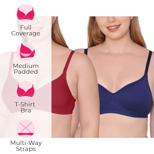 Image of Tweens - Medium Padded Cotton Rich Bra - Full Coverage, Seamless, Multiway Straps, Wirefree Everyday T-Shirt Bra (Pack of 2)
