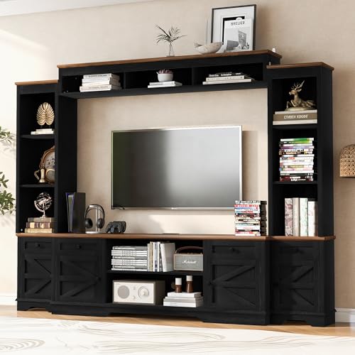 Image of 98.8 inch W Wall Unit Entertainment Center with Bookshelves and Power Outlets for TVs up to 80 inch, Wood TV Stand Media Console with Cabinets Drawers Doors and Adjustable Shelves for Living Room Black+Brown