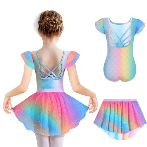 Arshiner Vêtements De Ballet Enfants Robe De Danse D'été Sirène Coton Robe Danse Justaucorps Ballet à Manches Courtes Filles Costume De Danse avec Jupe Tutu 4-5 Ans