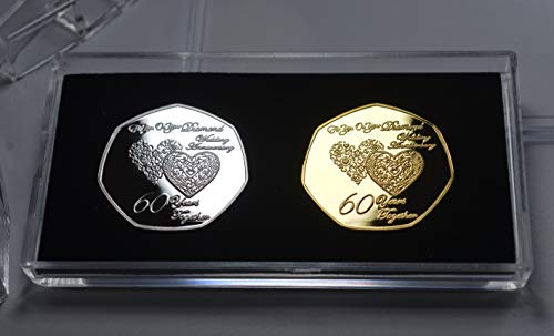 The Commemorative Coin Company Pair of 60TH DIAMOND WEDDING ANNIVERSARY Silver & 24ct Gold Commemoratives in Display/Presentation Stand. Gift/Present 60 Years Together