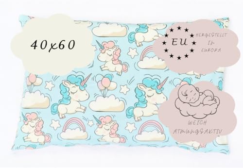 Balbina Kissenbezug 60 x 40 cm für Kinder & Babys, Kopfkissenbezug 100% Baumwolle, für Kinderzimmer, Kinderwagen oder Kinderbett, Baumwoll-Kopfkissenbezug mit Reißverschluss, Einhorn/Mint/Rosa