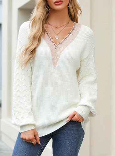 EVALESS Womens Long Sleeve Sweaters Fall 2024 Trendy Sexy Lace V Neck Knit Drop Shoulder Pullover Sweater Jumper Tops2