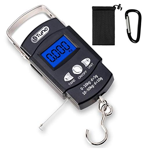 TyhoTech Fishing Scale 110lb/50kg Backlit LCD Screen Portable Electronic Balance Digital Fish Hook Hanging Scale with Measuring Tape Ruler, D Shape Buckle and Carry Bag Included