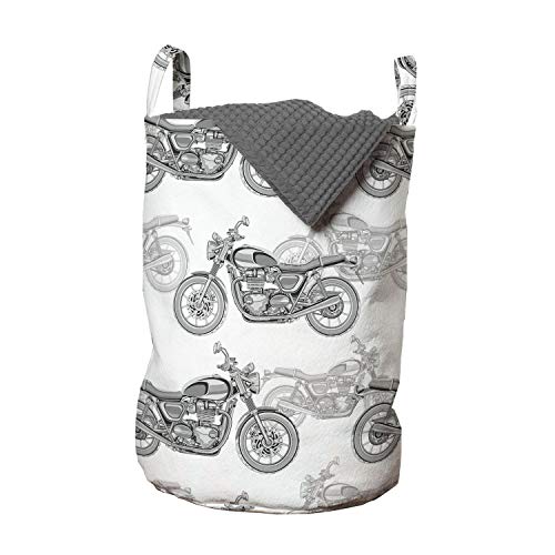 Ambesonne Motorcycle Laundry Bag, Realistic Grayscale Illustration of Classic Motorcycles Many Details, Hamper Basket with Handles Drawstring Closure for Laundromats, 13