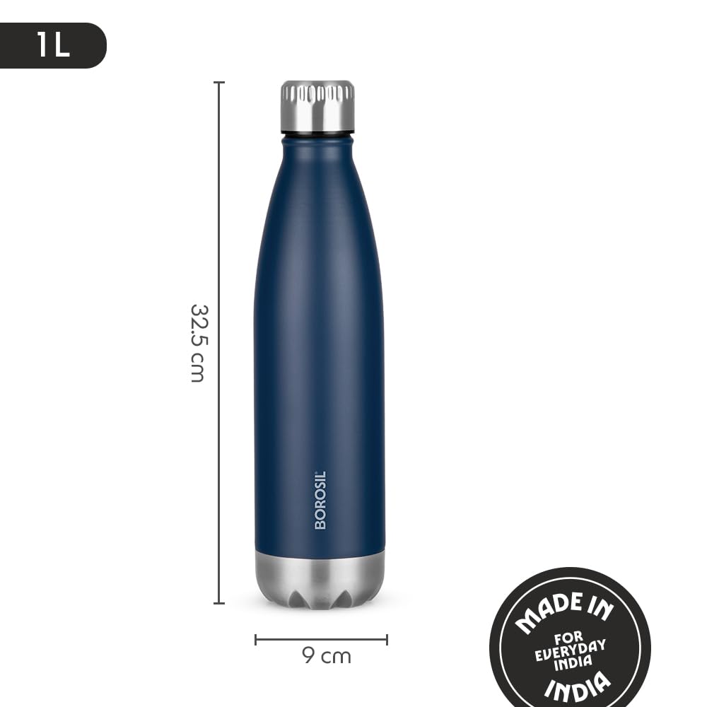 Borosil 1L Hydra Bolt Matte Blue Stainless Steel Water Bottle | Double Wall Vacuum Insulated Flask | 24 Hours Hot and Cold | Bottle for Office, Gym, School | 1 Year Warranty — Amazon image 3