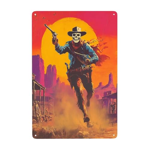 MA6GE8DE Exquisite Artistic Metals Poster, 8x12 Inch Dramatic Western Scene Of Skull Gunslinger Riding Through Dusty Street,Great For Tavern Garage And Study,Chic Artistic Tinplate Poster Plaque