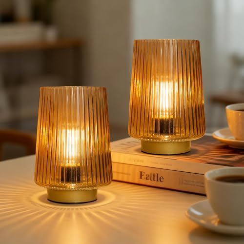 Battery Operated Lamp with Timer, Set of 2 Small Cozy Table Lamp Decorative Ambient Glass Lamp for Bedside & Home Decor, Aesthetic Cordless Battery Powered Accent Lamp for Living Room Shelf, Amber