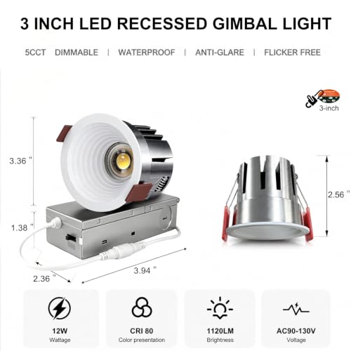 3 Inch LED Recessed Anti-Glare Shower Light COB, 5CCT 12W, 1120 LM 1 Pack by Eclatune - Used condition - Image 7