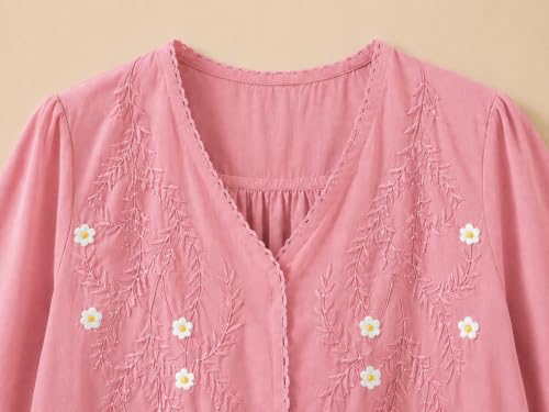 Image of RIEKA Womens Embroidered Korean Style Top and Tunic; V Neck| Floral Thread Embroidery| Three Quarter Puff Sleeves |Relaxed Fit Curved Hem| Casual Everyday Fusion Top