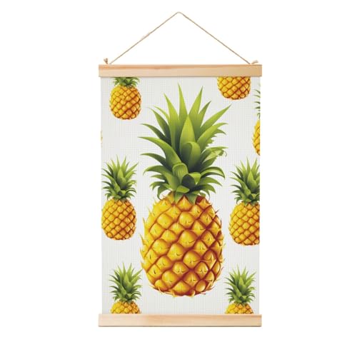 Impression sur toile ananas jaune vintage avec cintre en bois pour déco de salon 91x61 cm